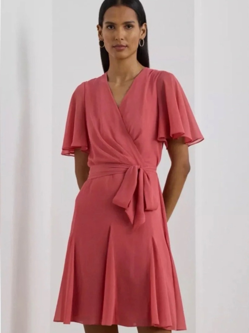 NEW Lauren Ralph Lauren Pink Chiffon Dress Flare Flutter Sleeve V-Neck Size 8